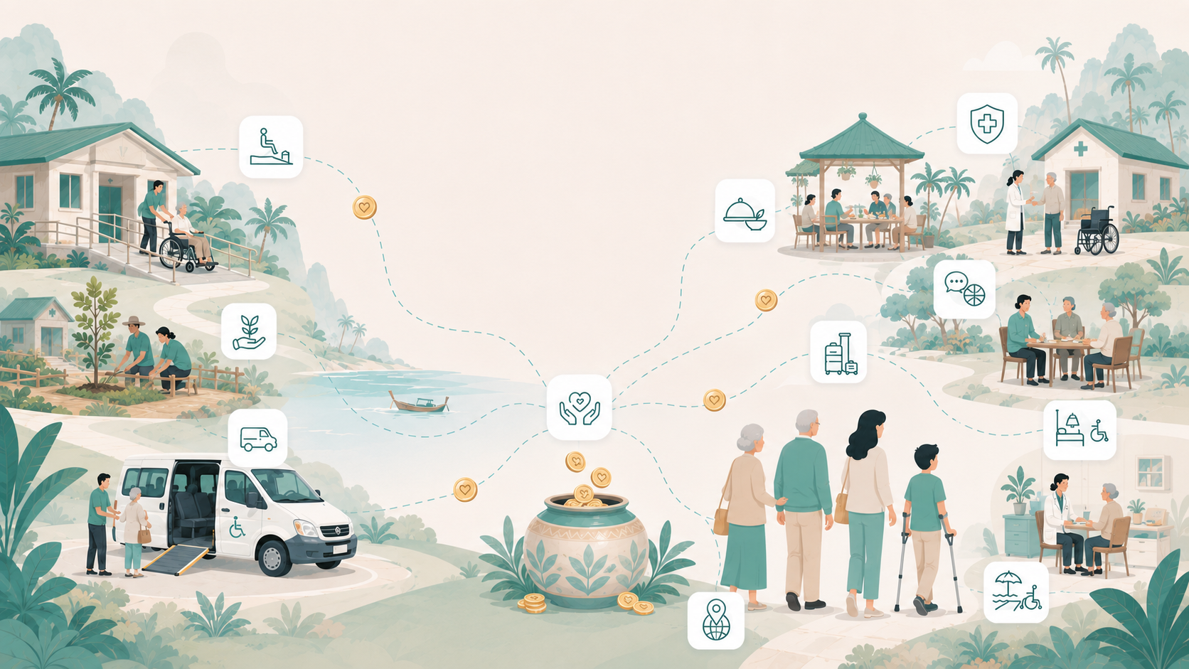 A family-oriented community setting representing childcare support