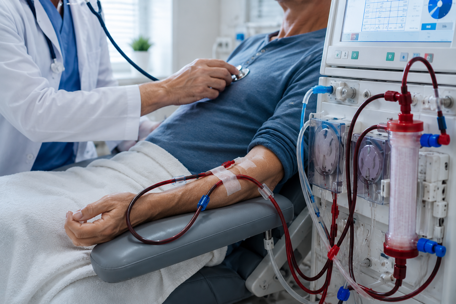 A dialysis patient receiving medical monitoring during treatment