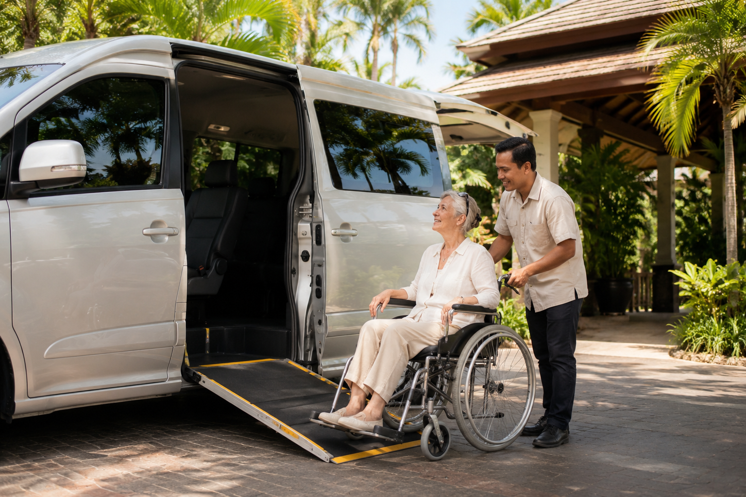 A driver assisting a wheelchair user toward an accessible minivan with a ramp