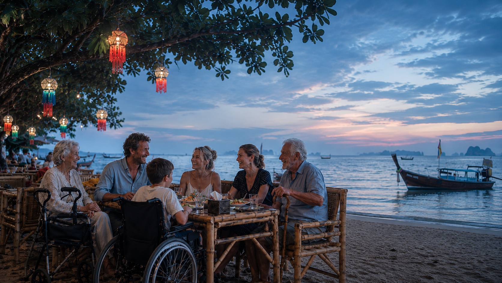 Travellers gathering by the sea in Krabi, representing connected travel partnerships